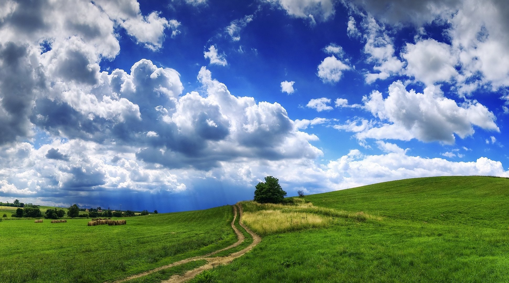 road landscape tree grass hay hills clouds cloud