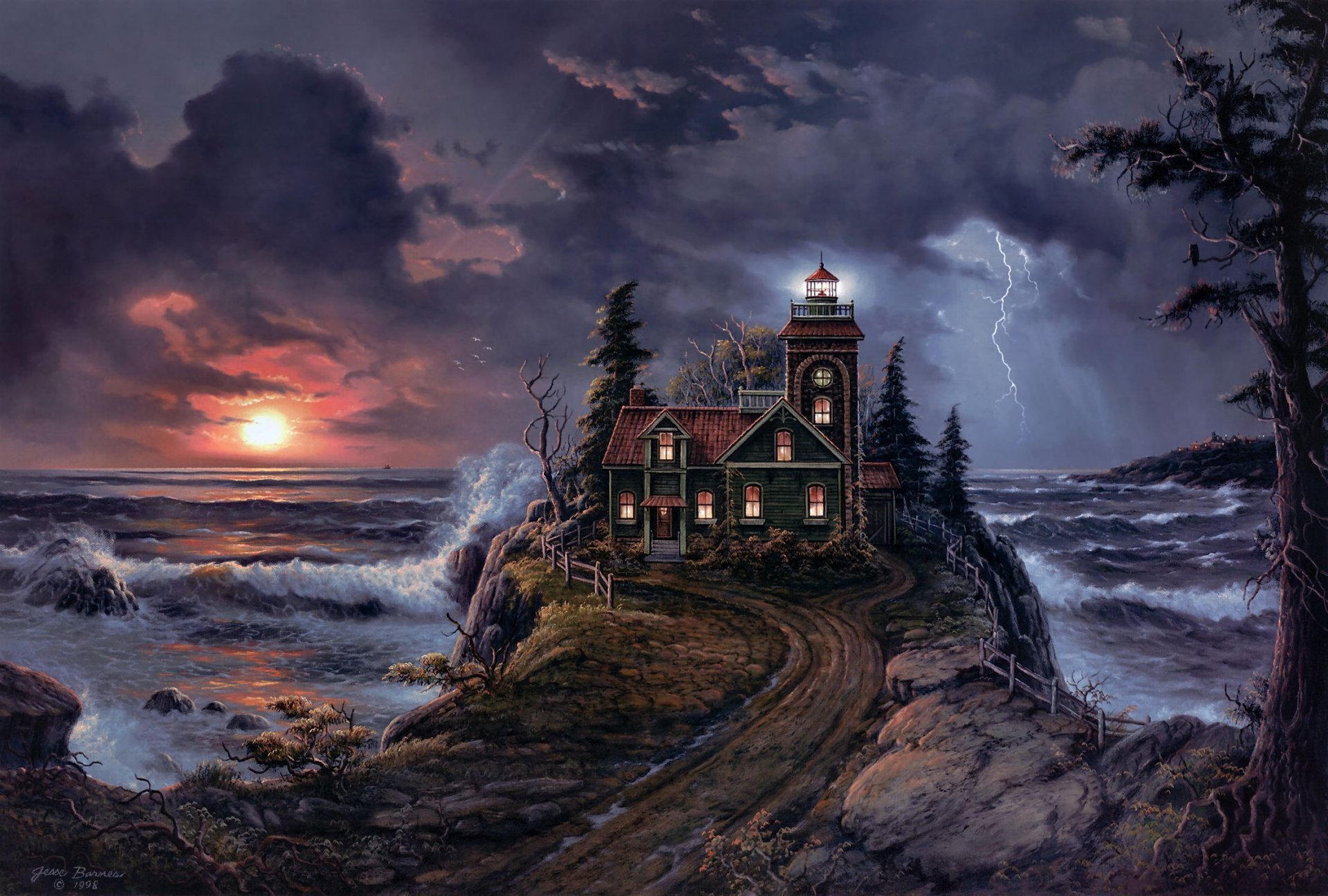 jesse barnes cove lighthouse landscape sea lighthouse storm storm road coast sunset art