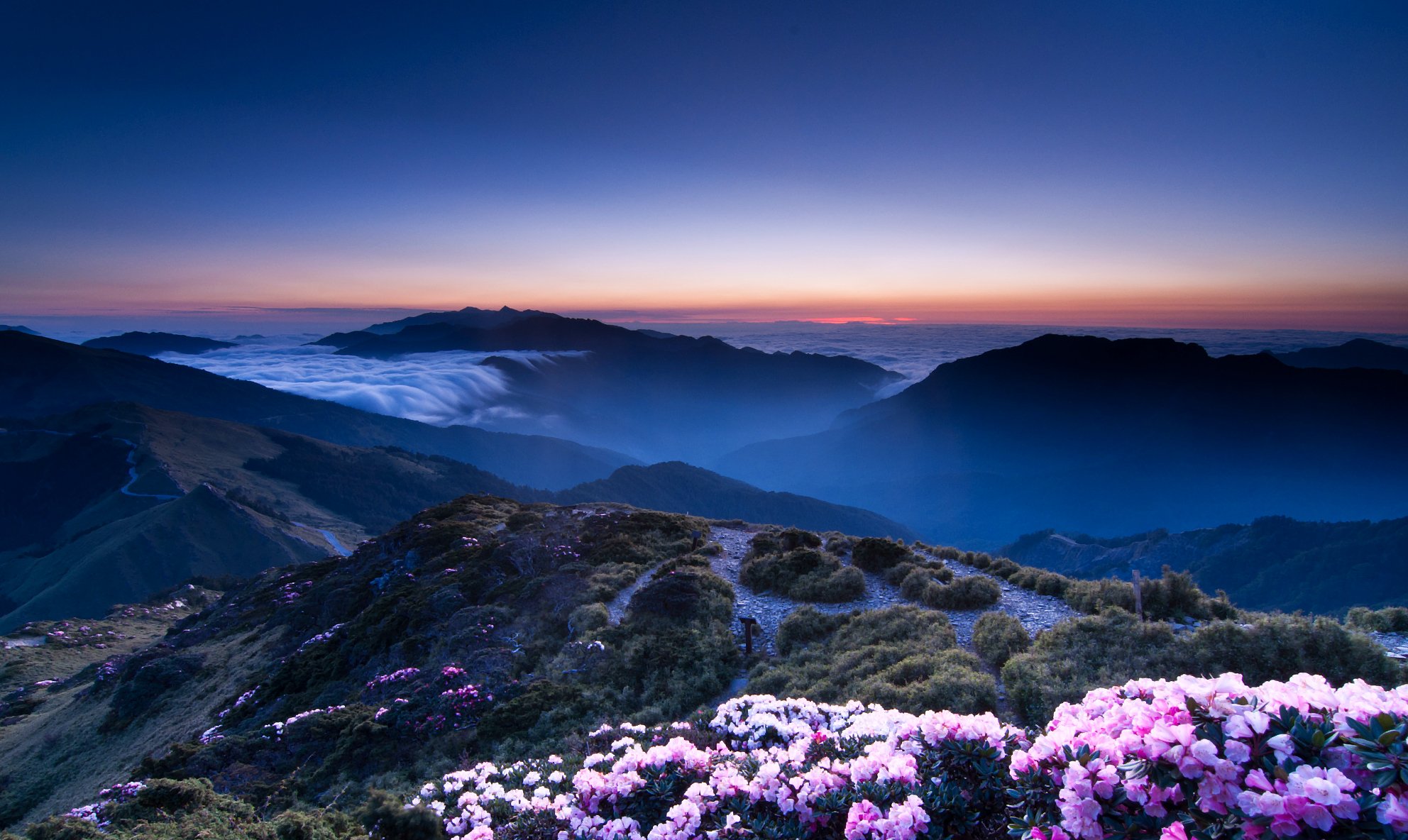 night orange sunset blue sky mountain hills haze pink flower height view