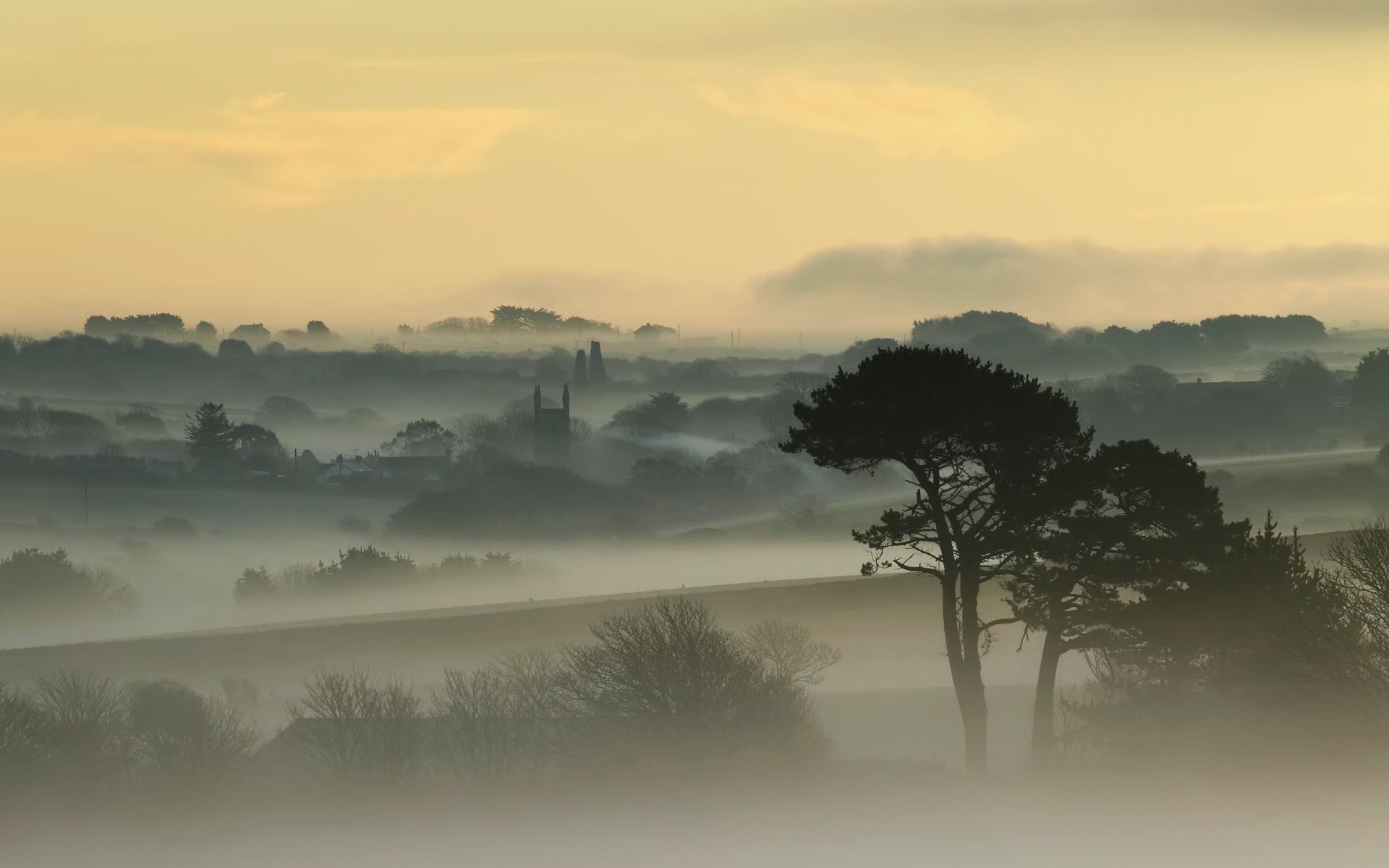 aube brouillard arbres maisons ciel cornouailles angleterre