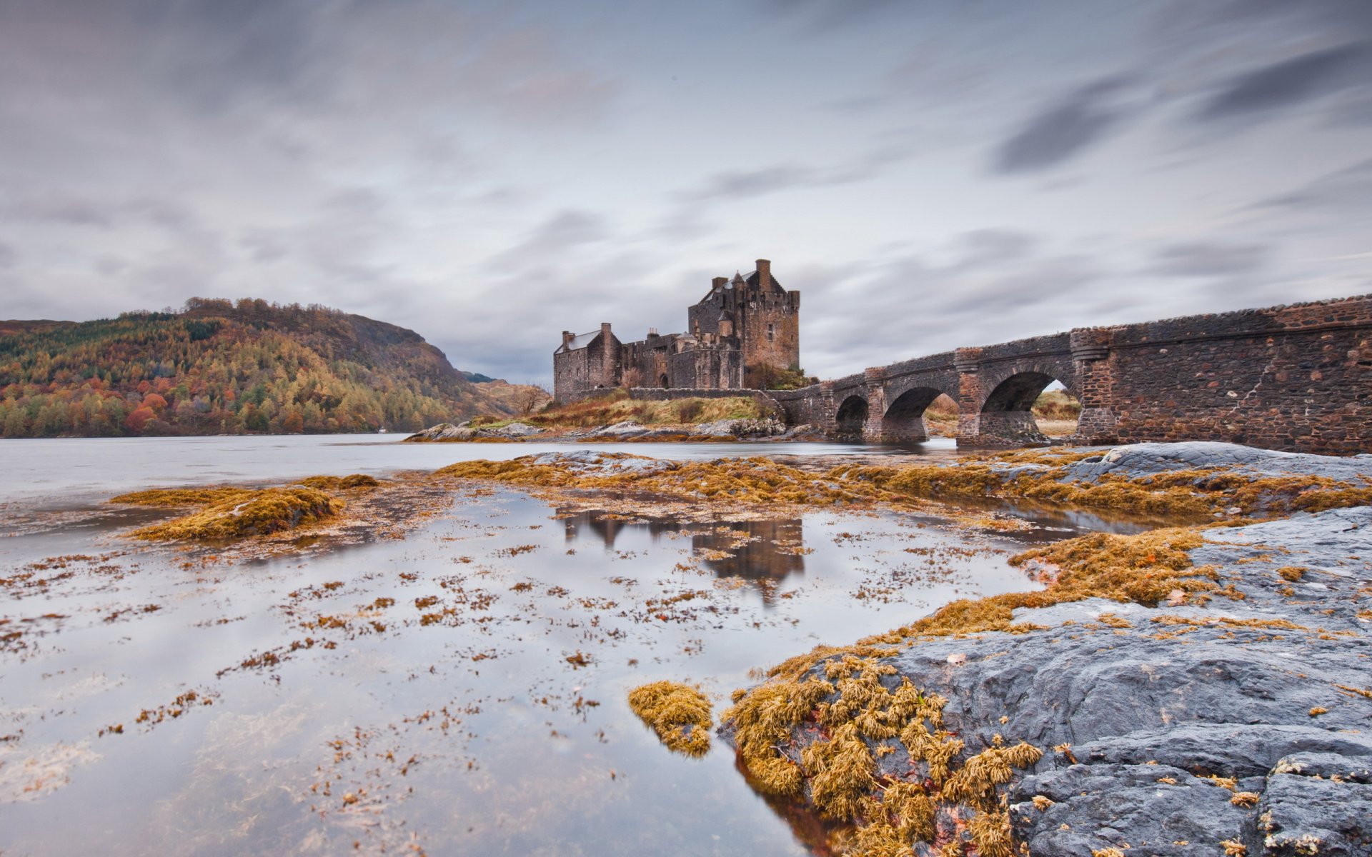 castle ruins bridge river landscape