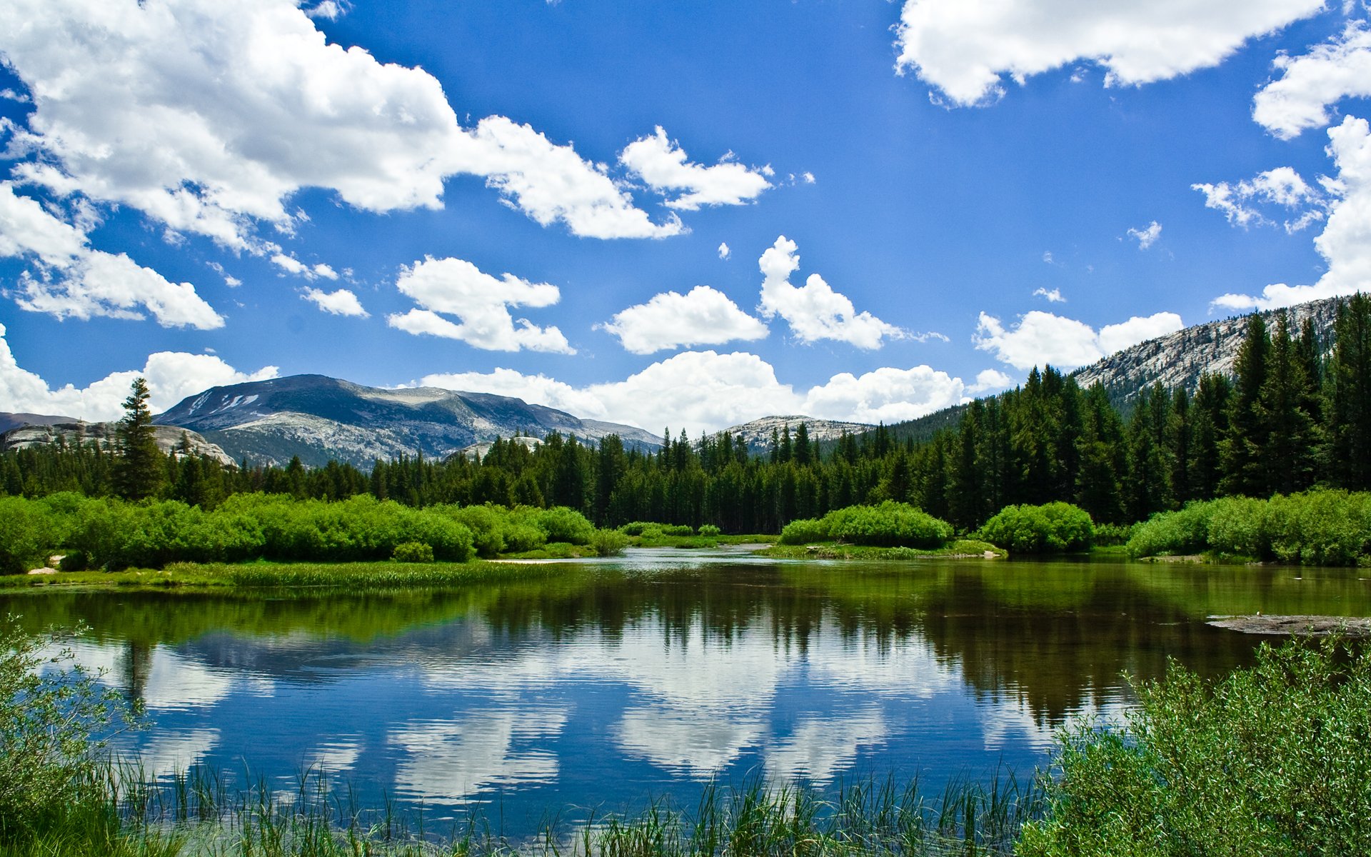 printemps été montagnes lac nuages ciel verdure