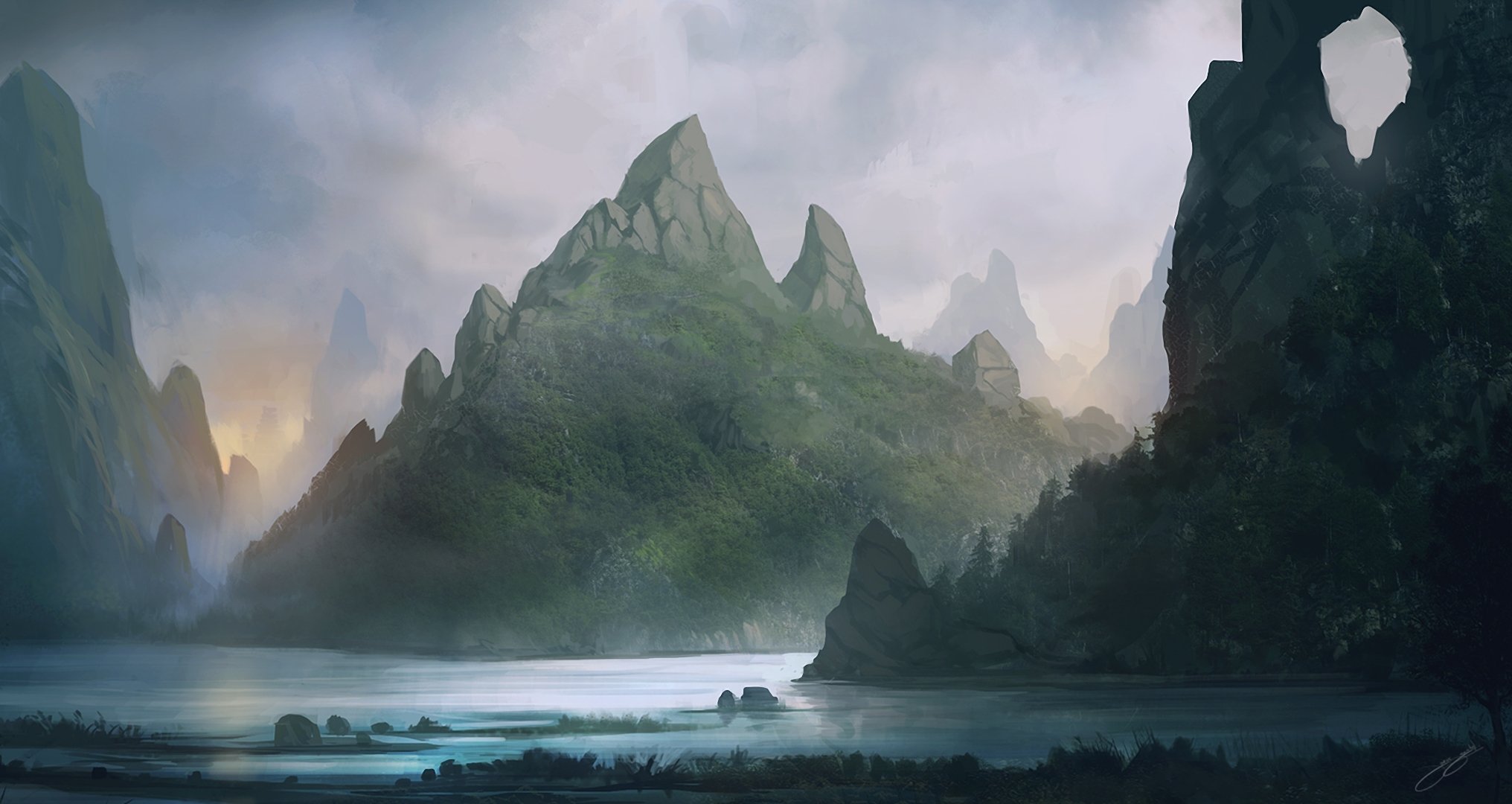 sztuka blinck krajobraz góry skały jezioro rzeka woda