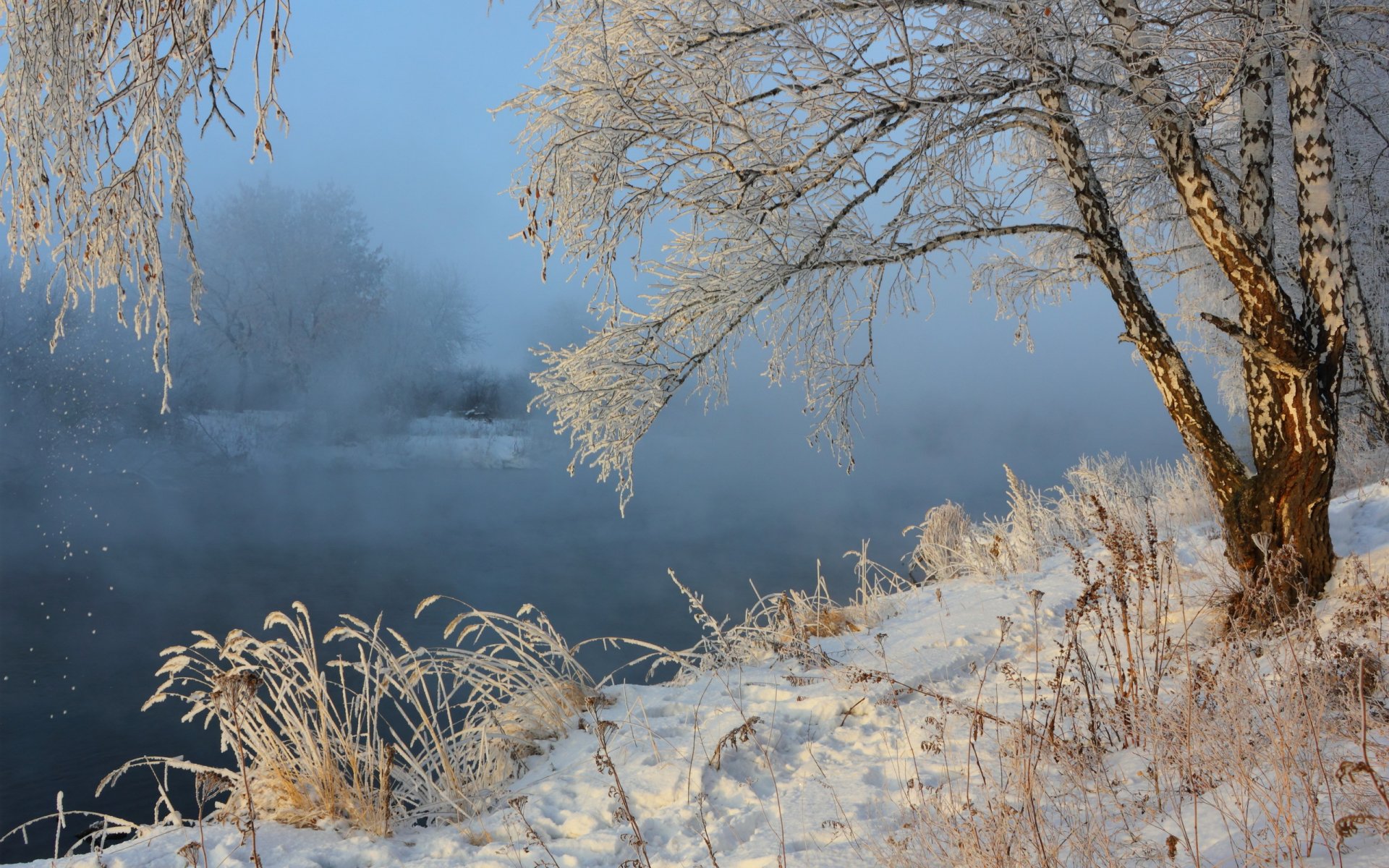 zima rzeka śnieg mgła natura krajobraz