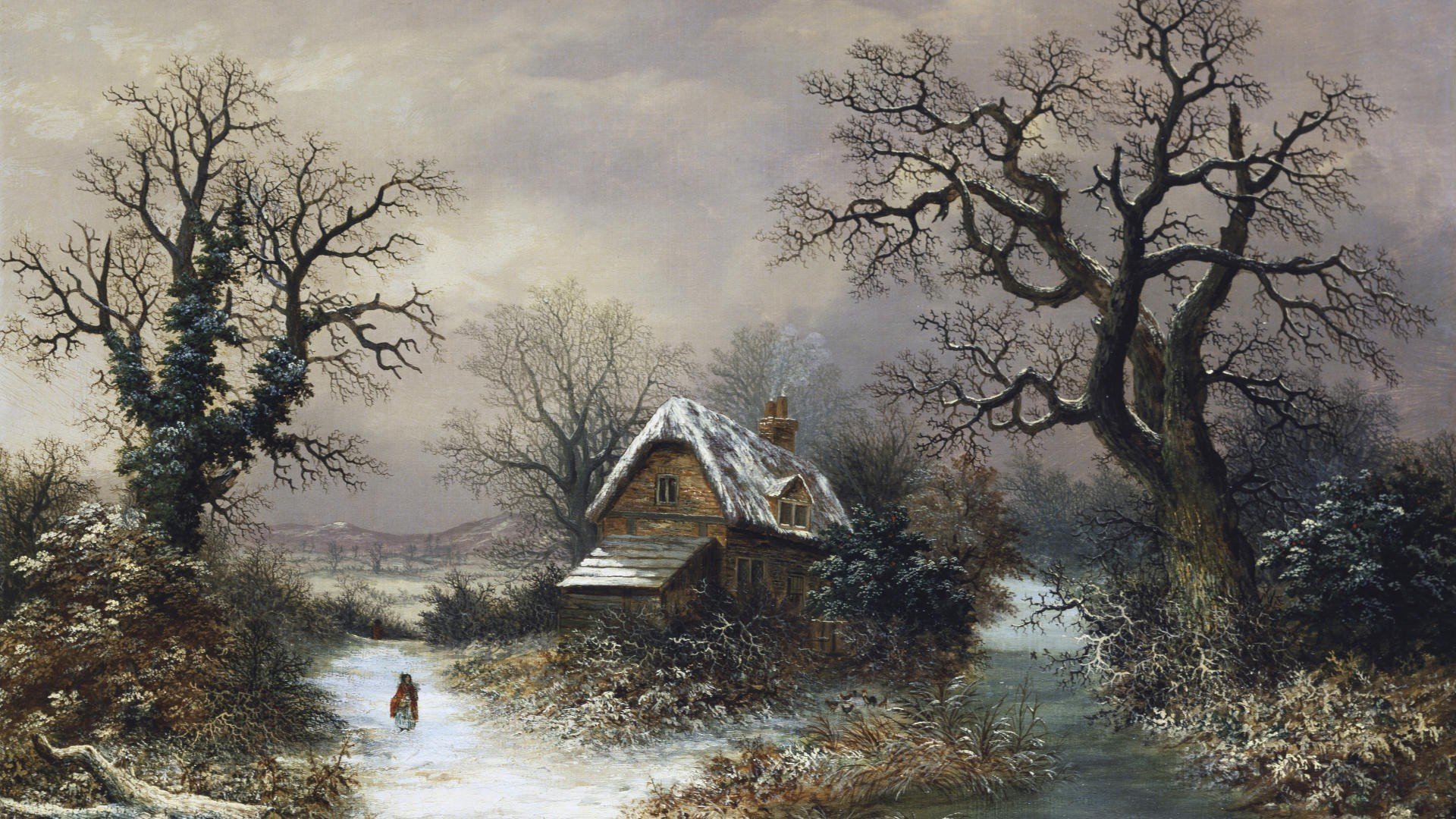 art landscape winter house tree