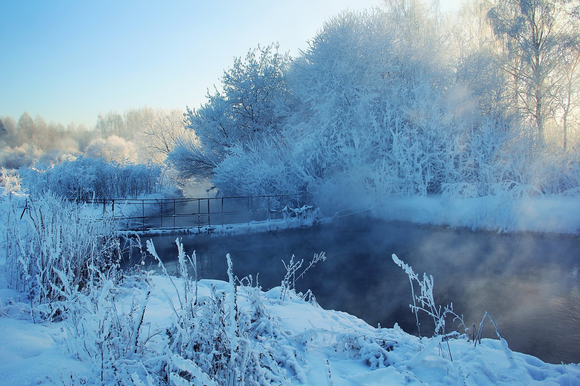 winter river bridge snow tree