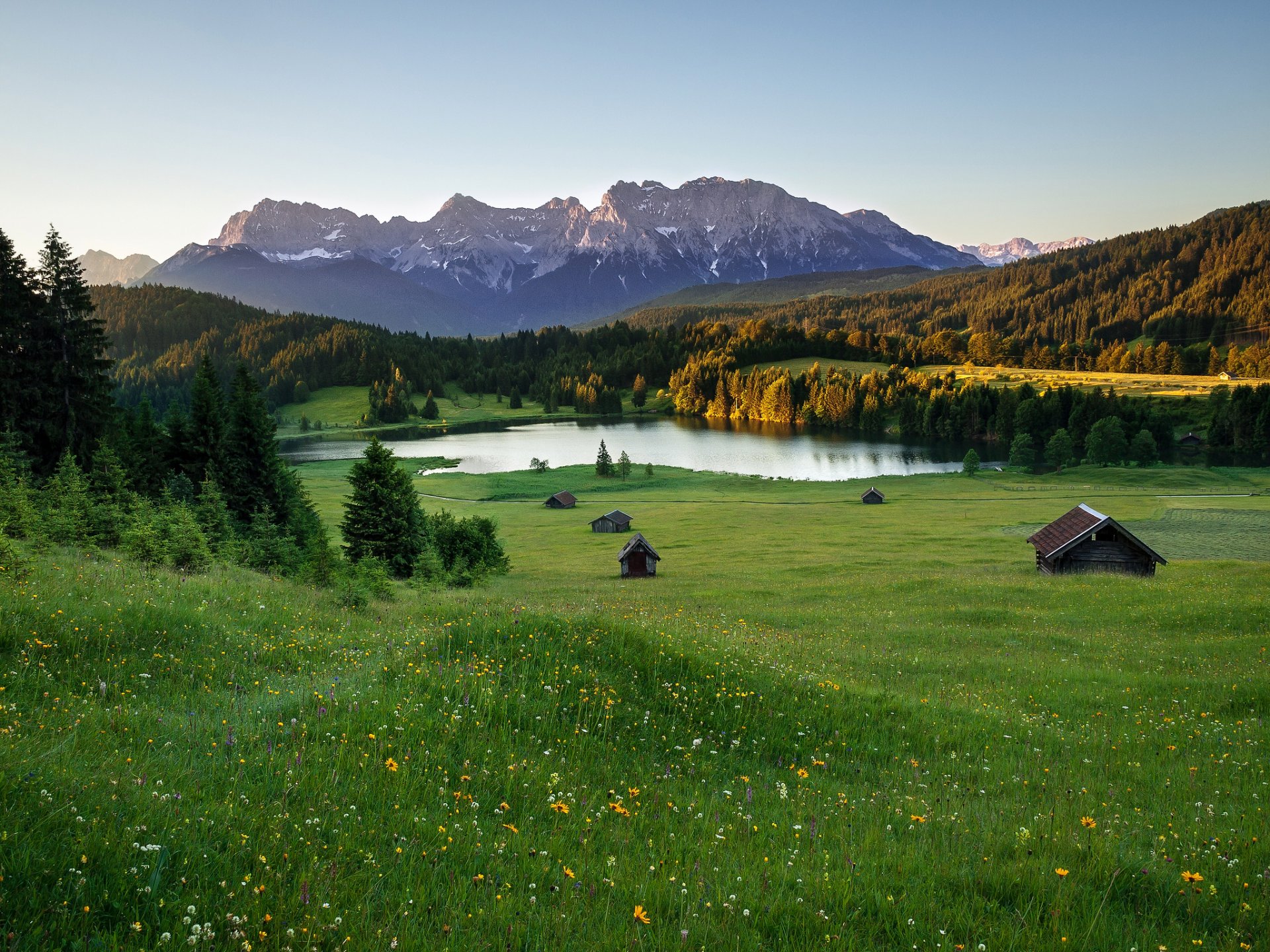 mountain meadows lake house alps summer