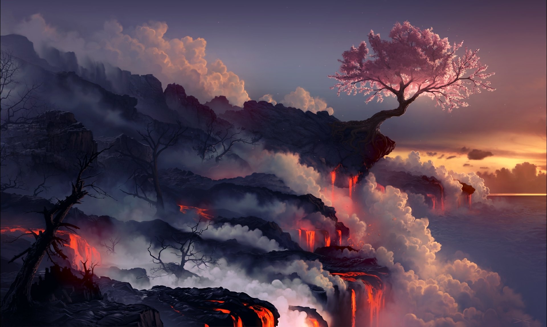 arte arcipello paisaje rocas árbol sakura volcán lava humo mar