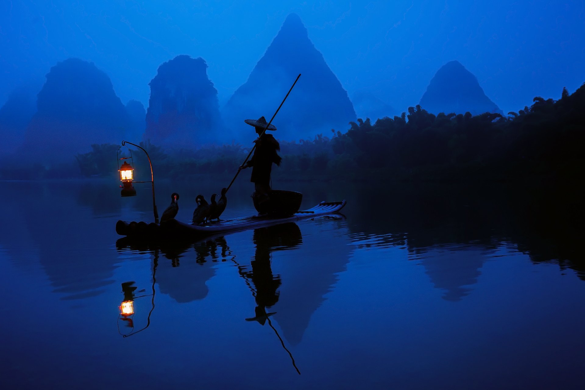 china mañana pescador barco linterna luz cormoranes río agua bosque reflexión