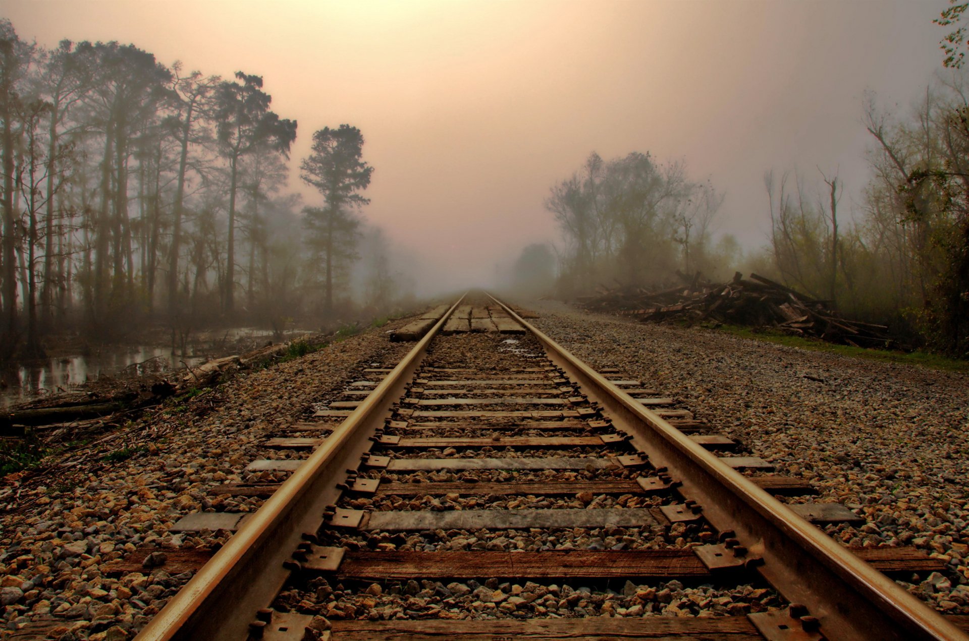 morning road fog rails landscape