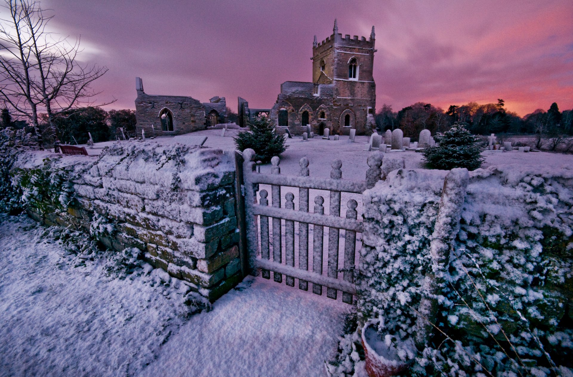 cimetière cimetière église ruines soir hiver coucher de soleil