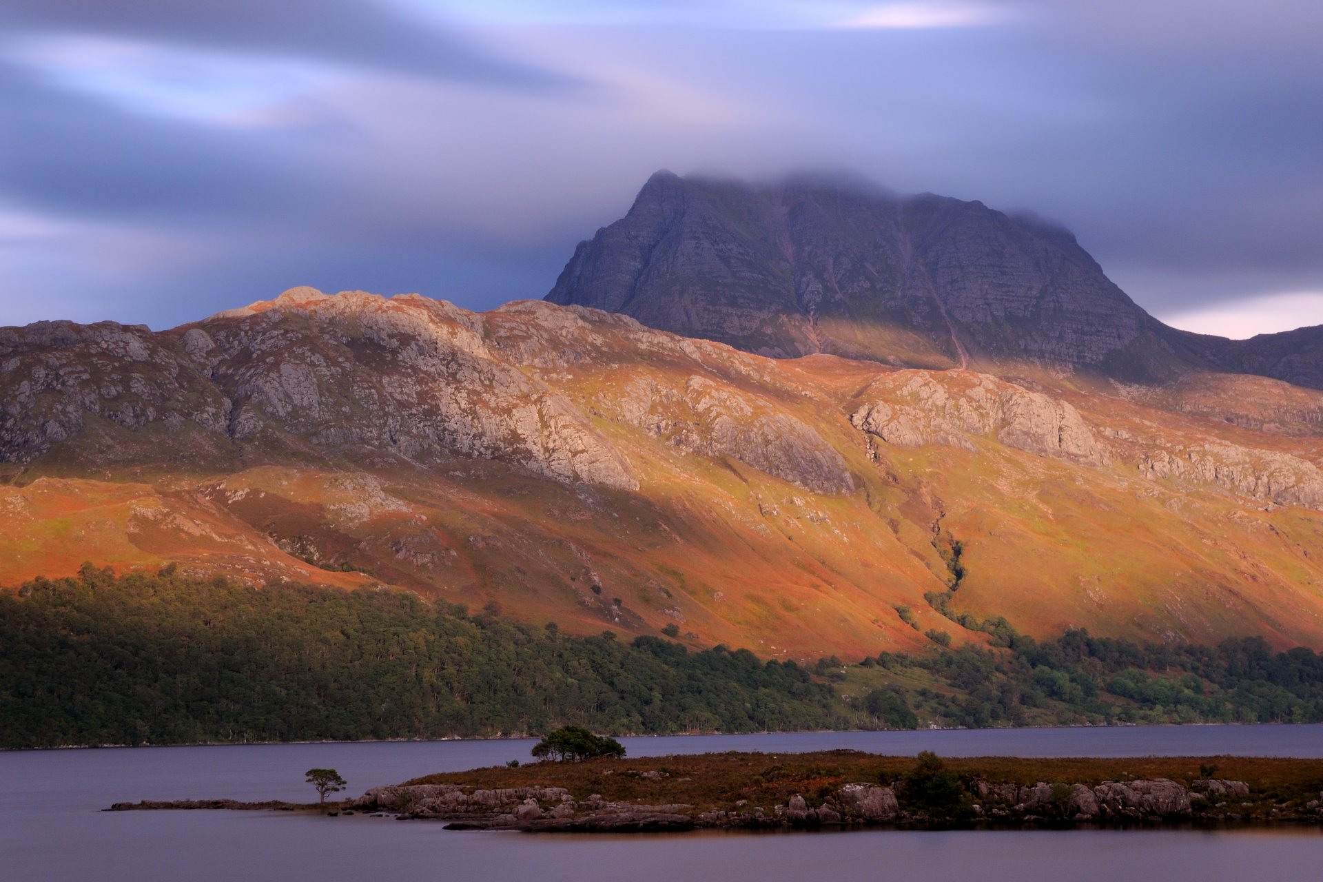 great britain scotland lake trees mountains sky evening nature