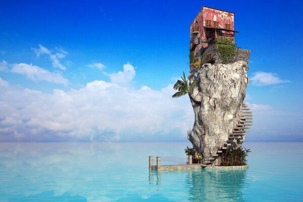 A house made of rock in the middle of the ocean