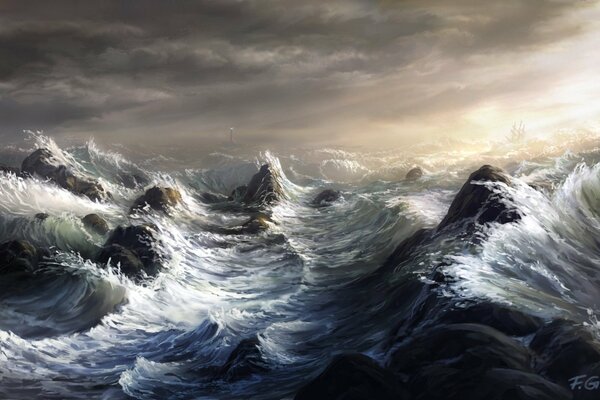 Barca a vela sullo sfondo di una tempesta infuria