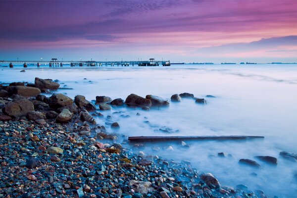 Lilac sunset on the coast of Singapore