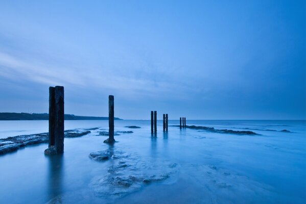 Wooden poles on the sea in the evening