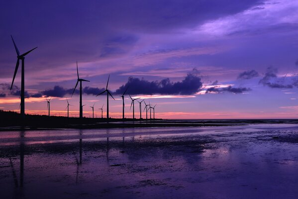 Coucher de soleil lilas sur la mer parmi les nuages