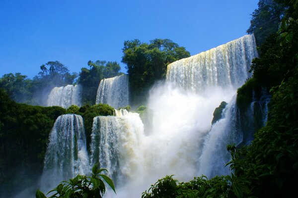 Cascade of noisy waterfalls in the rainforest