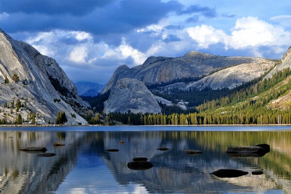 Riflessione delle Nuvole e del cielo blu nel lago