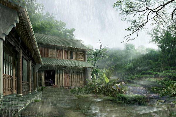 Jour de pluie dans un village japonais