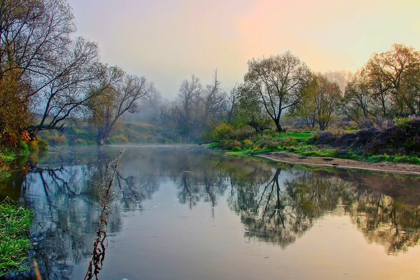 Fiume freddo autunnale nella nebbia