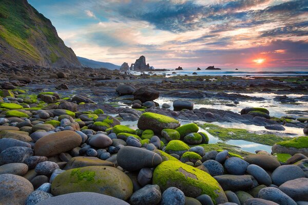 The sun in the sky over the water with rocks and moss