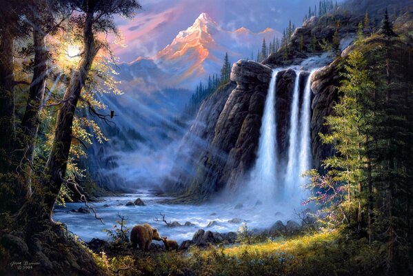 A breathtaking landscape with a waterfall on the background of mountains and forests