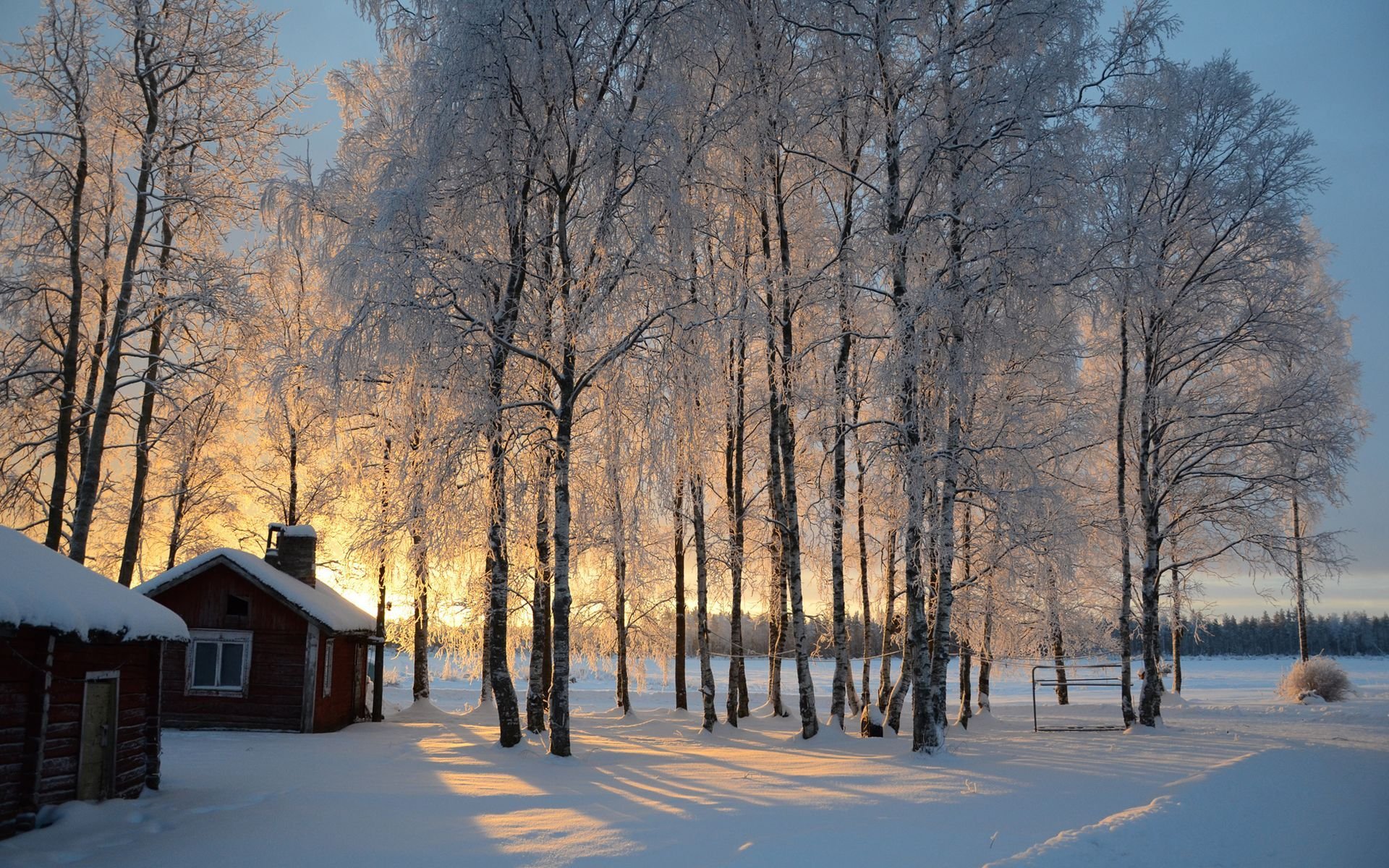 finlandia cabaña nieve árboles amanecer invierno