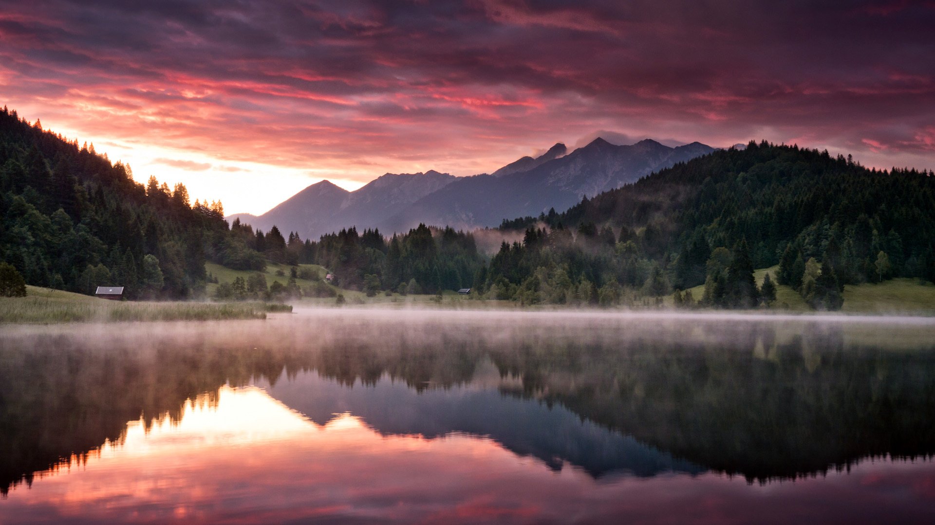 landschaft natur berge wald see morgen morgendämmerung