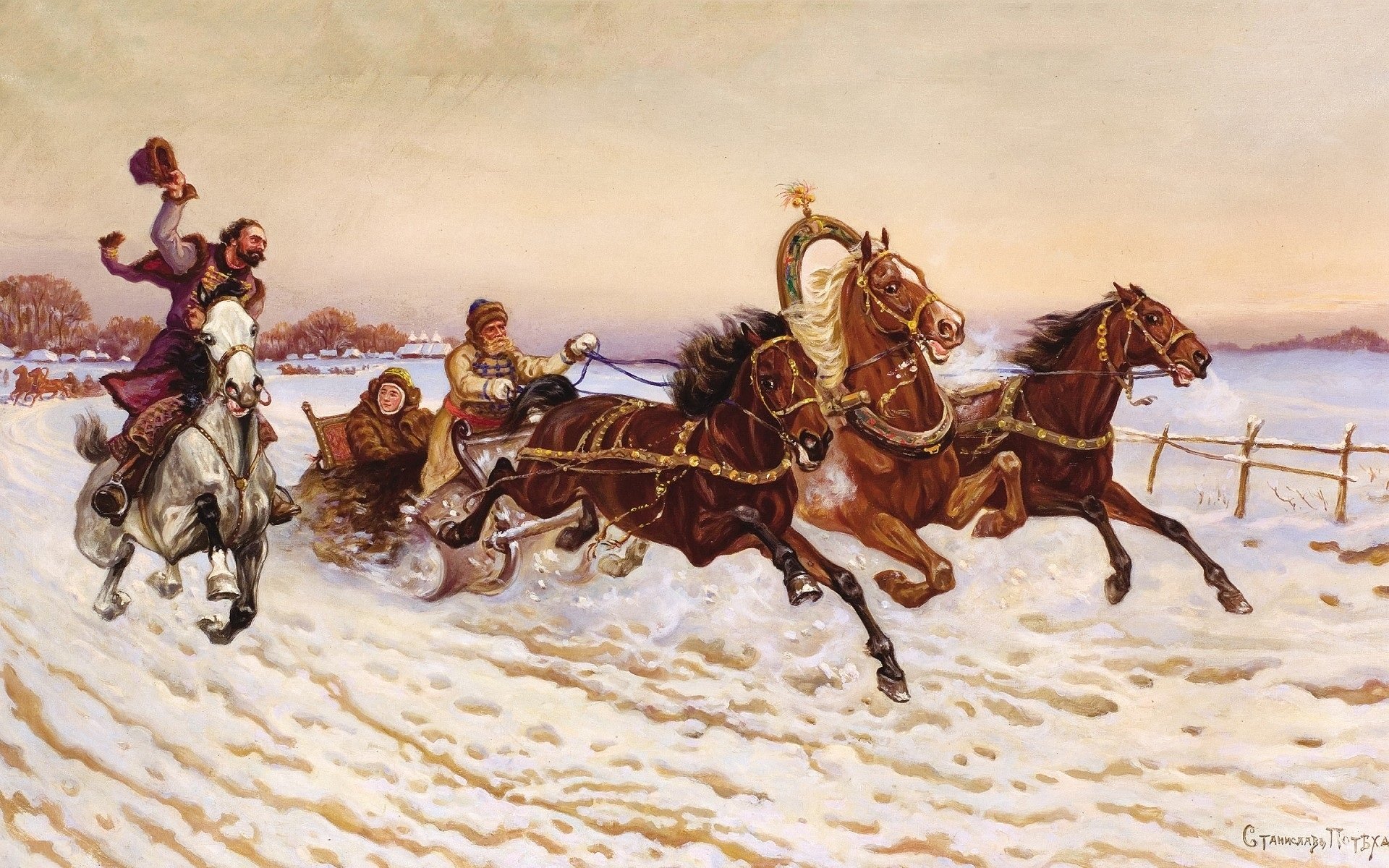 tanislov divertimento pittura cacciatore saluto tre inverno inverno paesaggio inverno urpyazhka tre cavalli cavallo bianco slitta persone campo villaggio