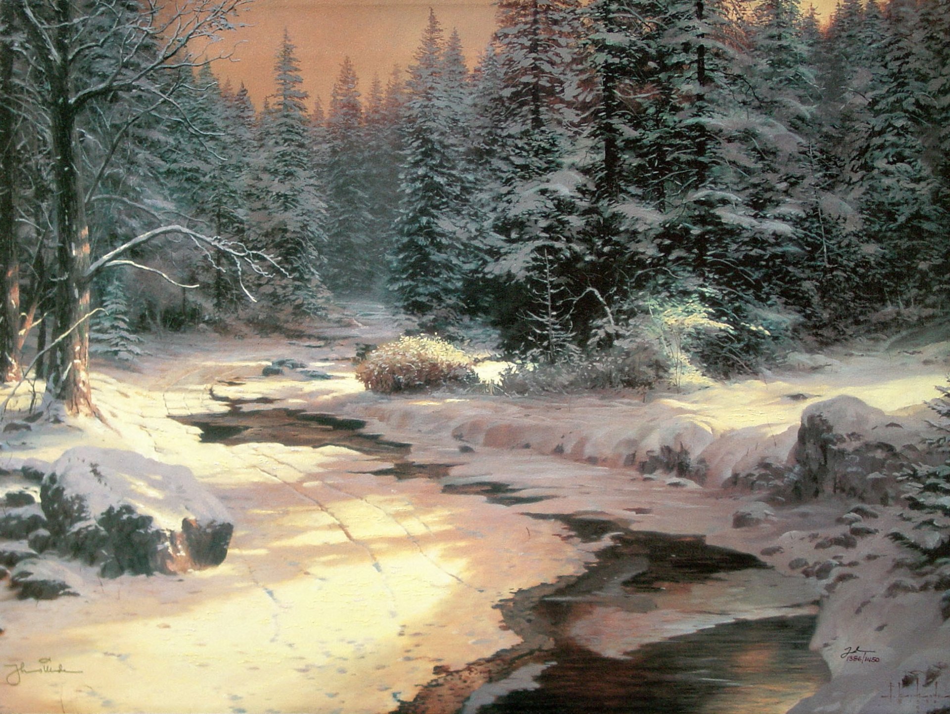 landscape thomas kinkade winter river snow spruce