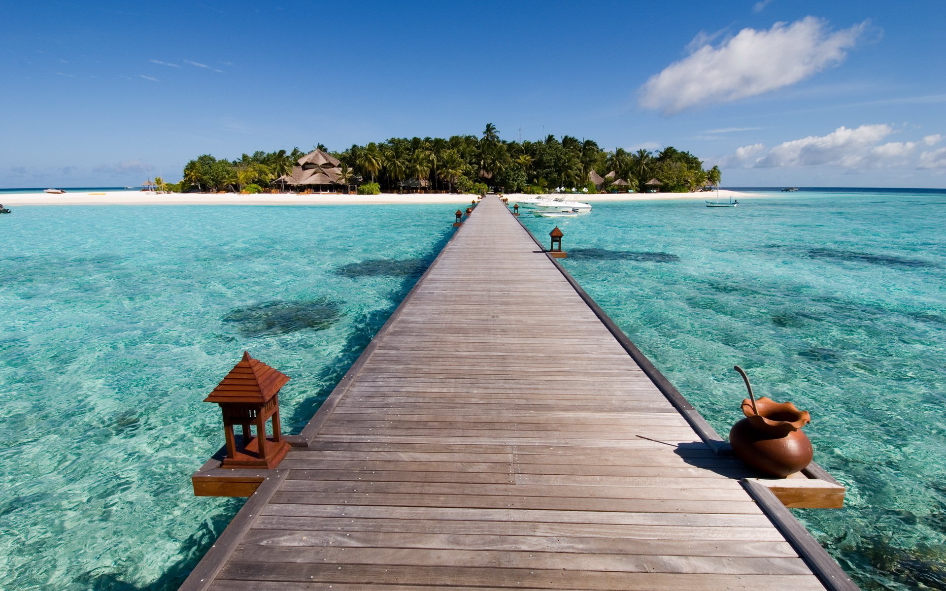 landscape nature bridge ocean water boats island beach shore palm trees sky 1920x1200