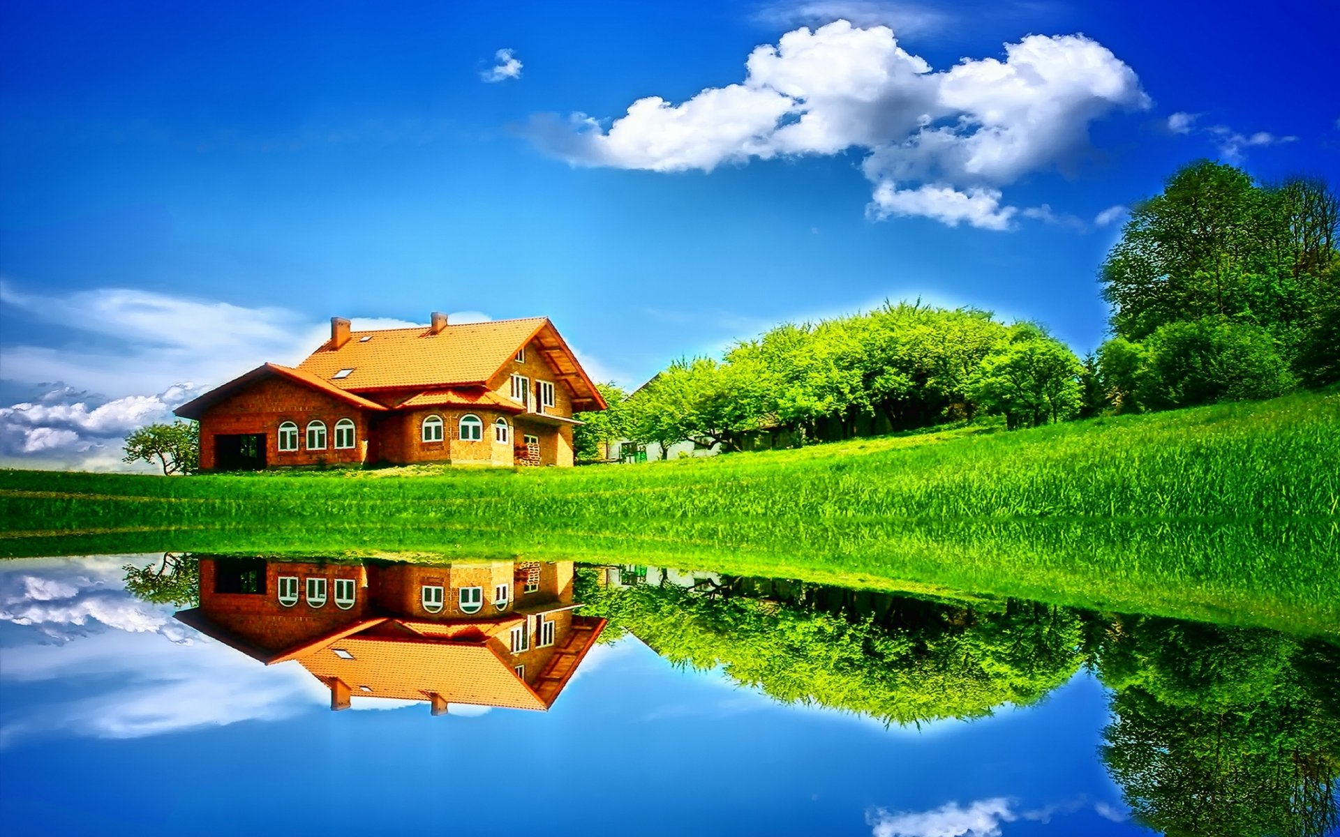 landschaft natur sommer haus hütte bäume baum himmel wolken feld see wiese gras wasser reflexion