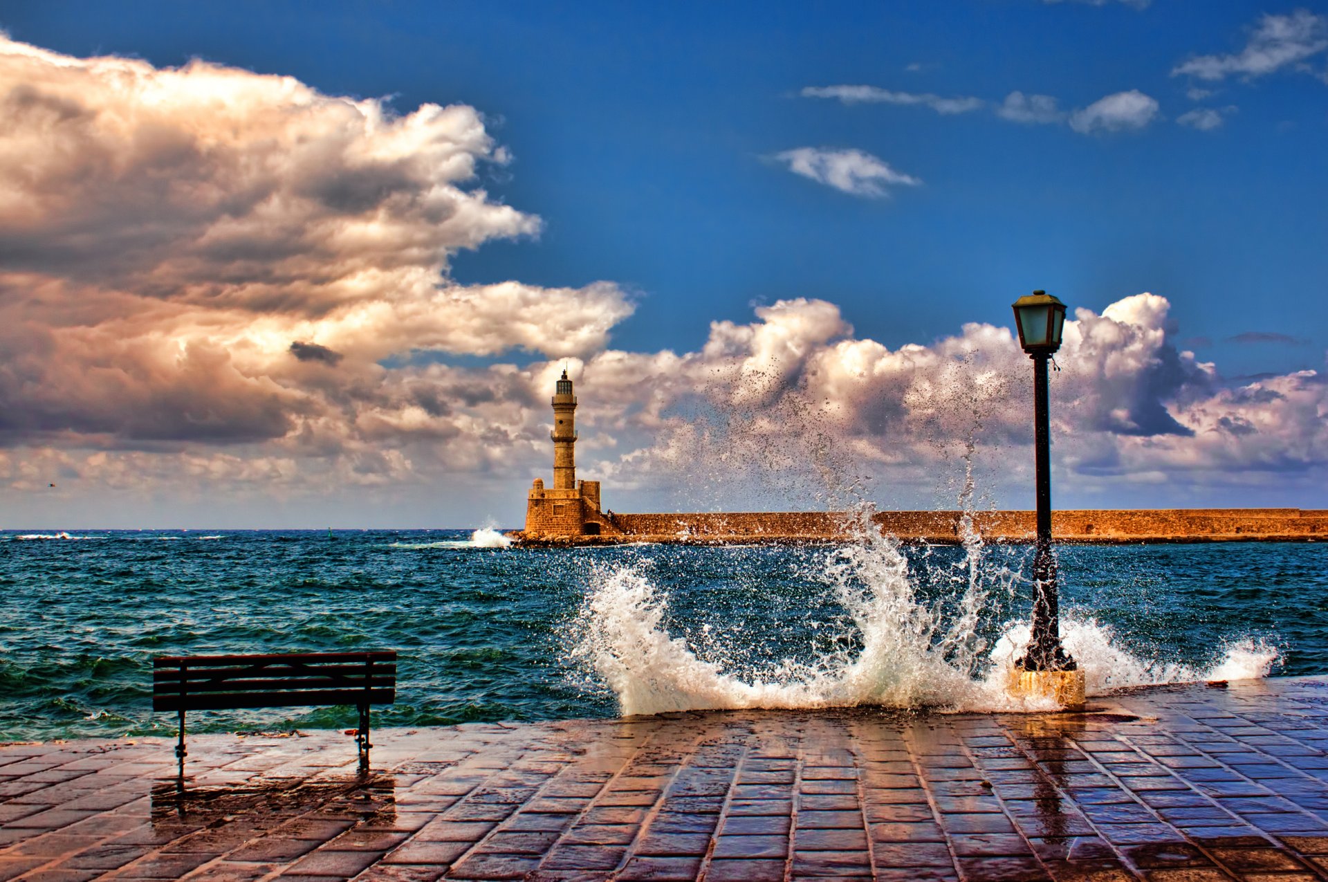 nature sea pier waves spray shop lighthouse sky cloud