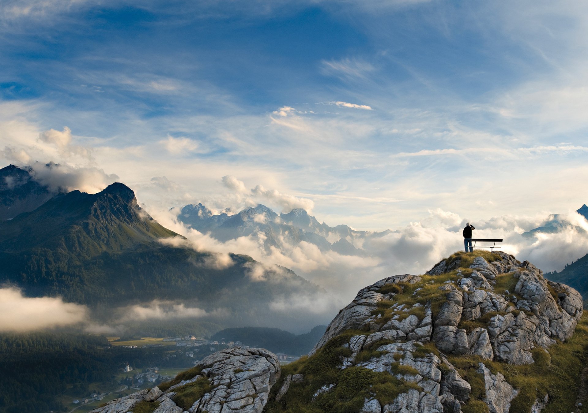 delight height beauty clouds sky mountain valley tree panorama landscape man wallpaper photo