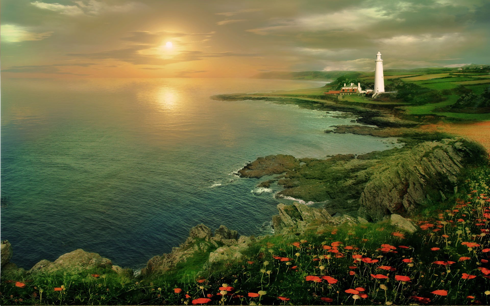 coast lighthouse reefs ocean sea slope hills of the field red poppies the distance horizon sky sunset