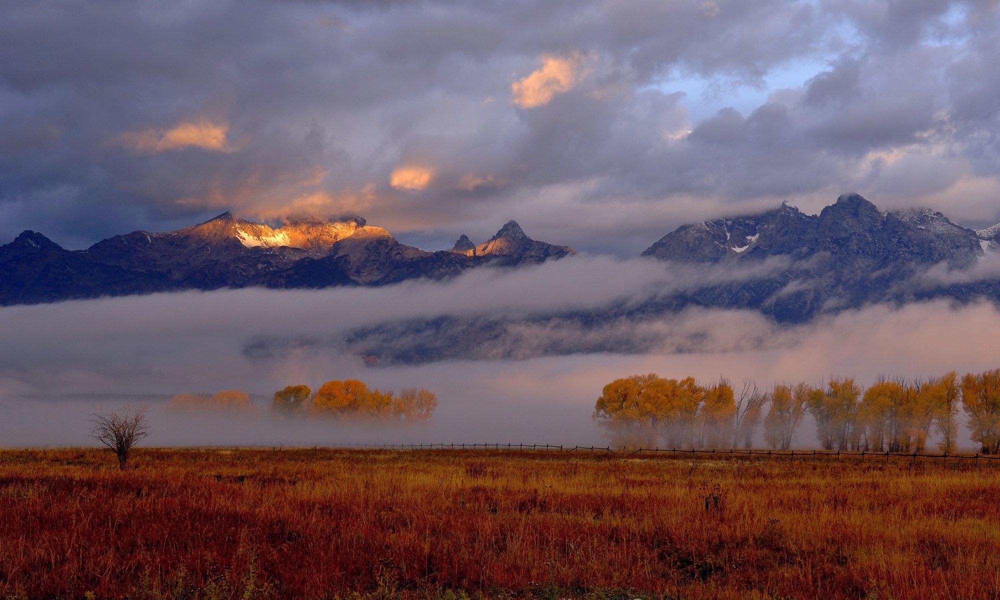 autumn mountain morning fog sky light