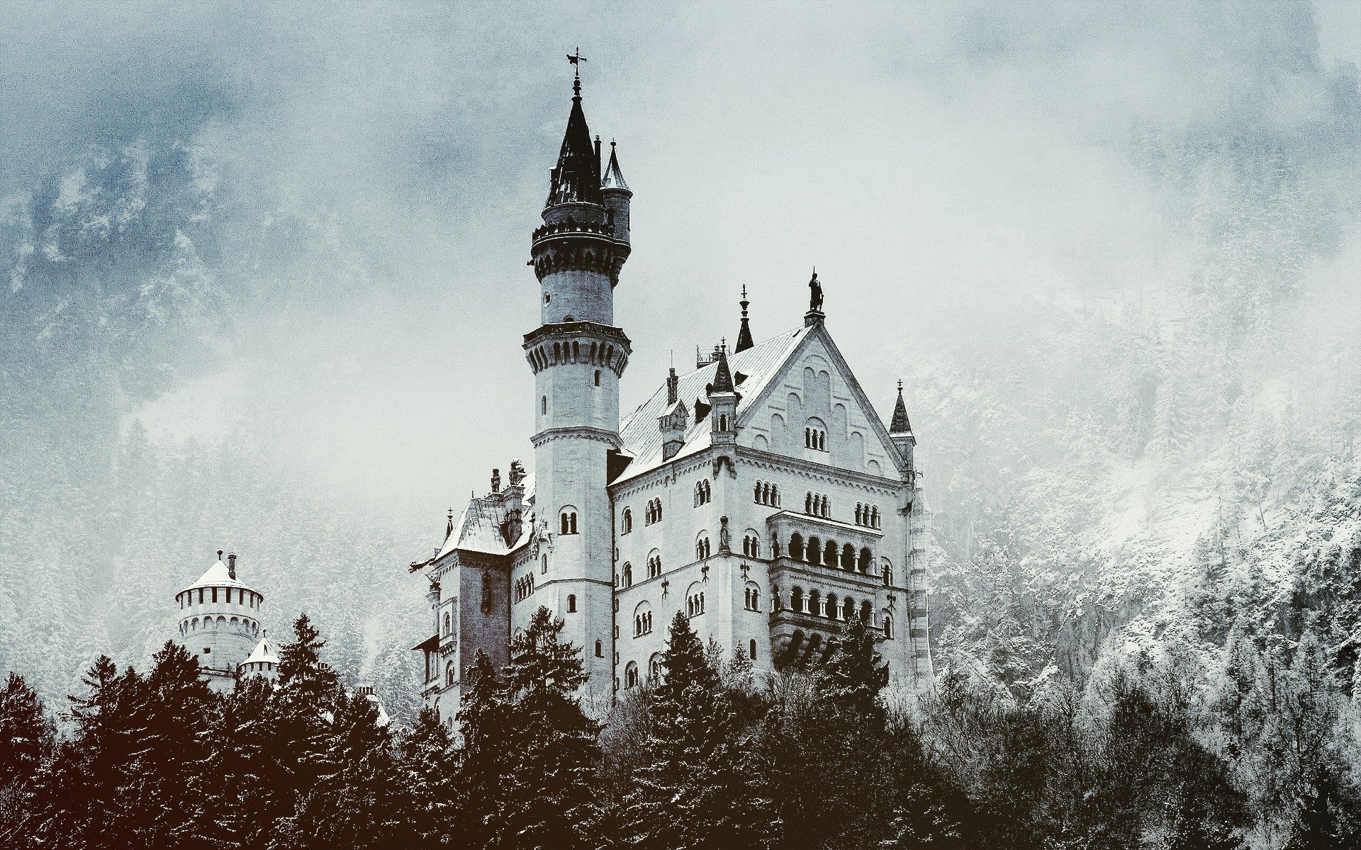 castle tower winter snow forest