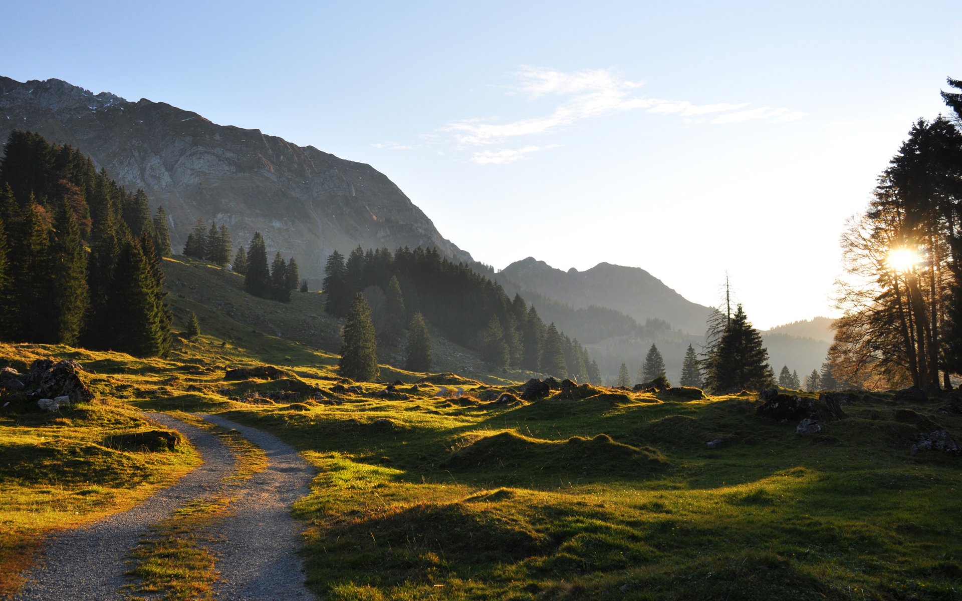 straße gehweg gras grün hang berge abend sonne bäume tannen steine himmel klarer tag sommer