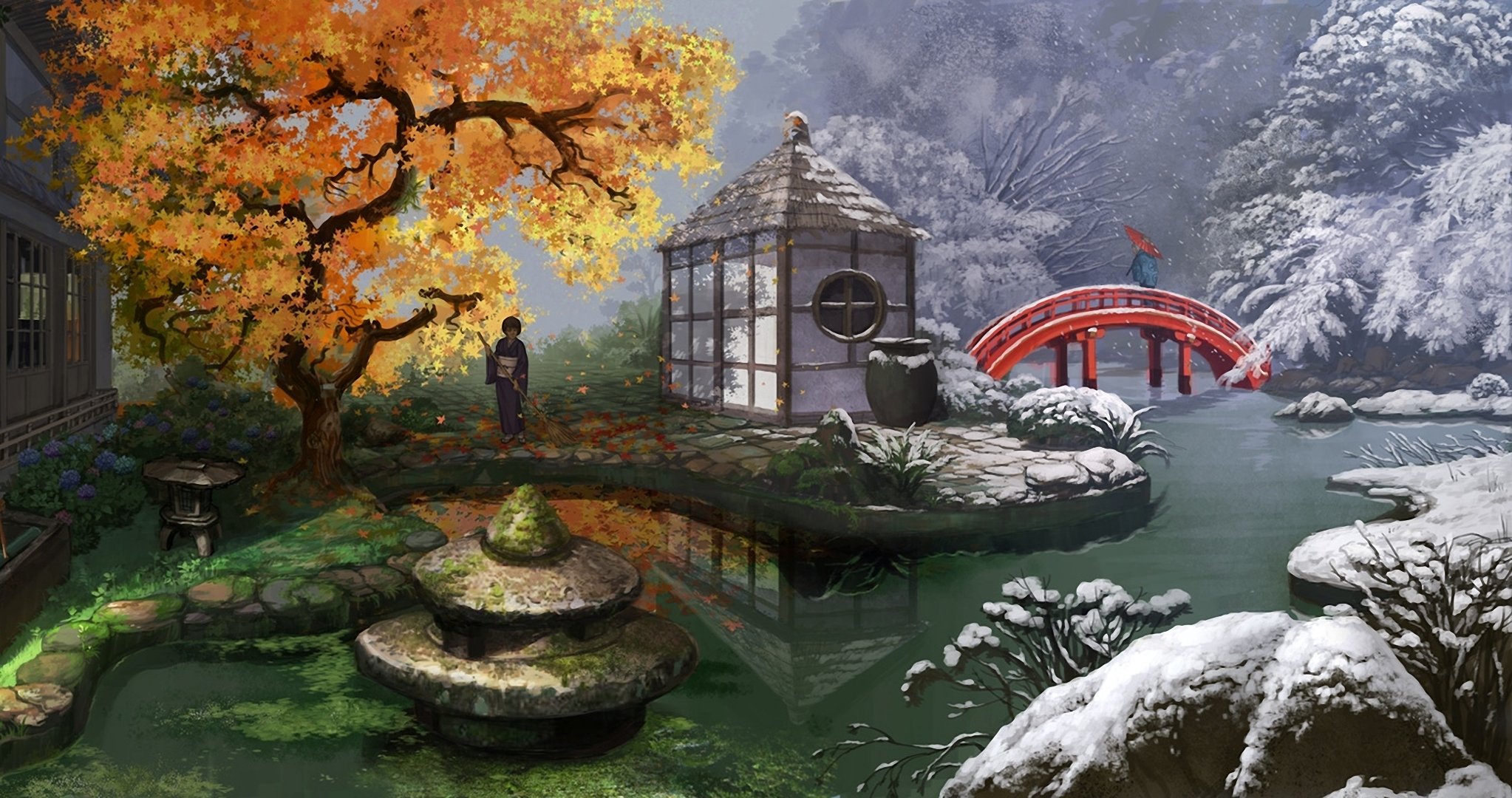 kunst mugon weiblich herbst winter brücke schnee regenschirm blätter asien teich kimono jahreszeiten blumen hortensien