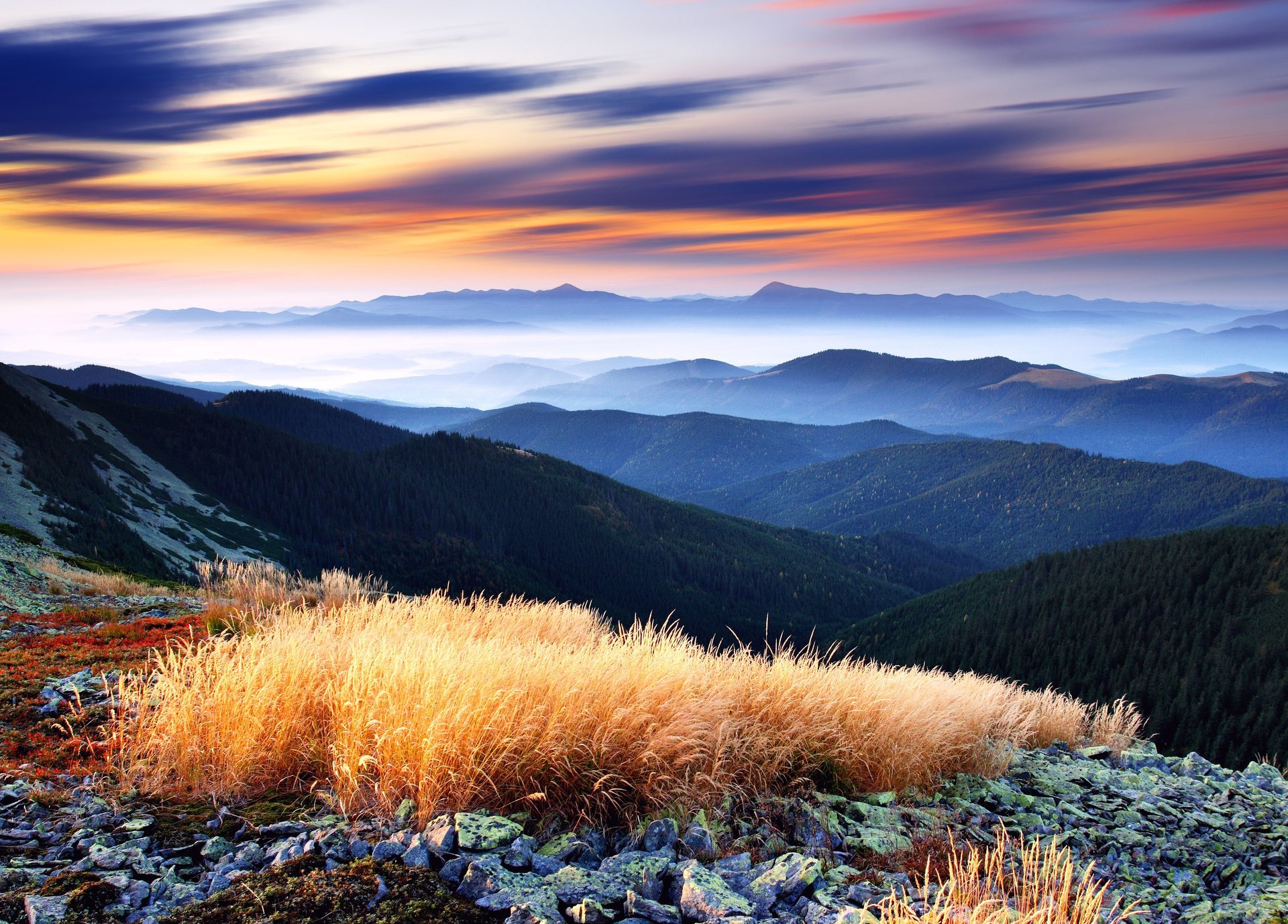 higlands green decline mountain nice views panorama valley forest tree sky clouds fog horizon