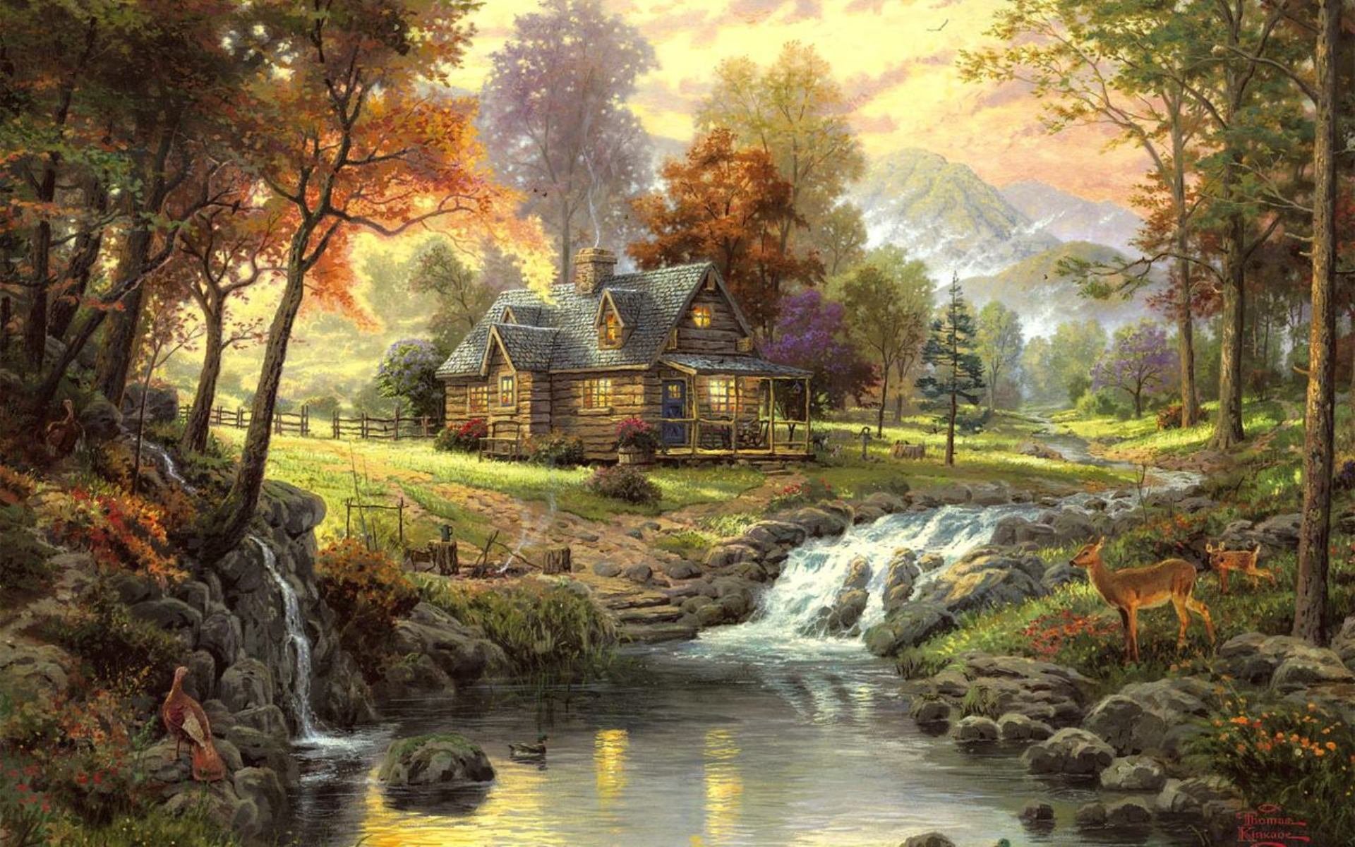 landscape thomas kinkade autumn house in the woods creek