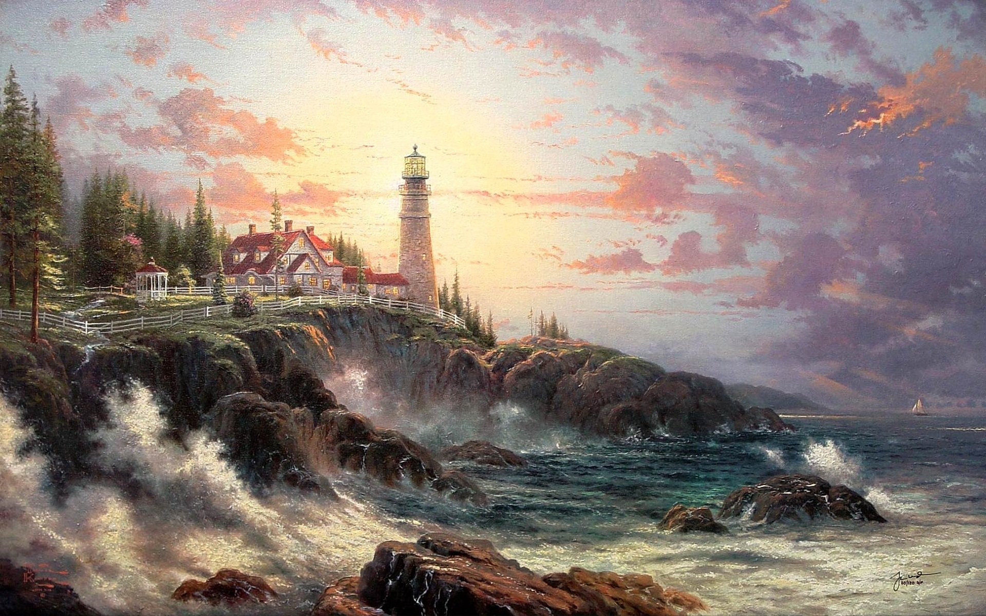 thomas kinkade lighthouse house waves beach