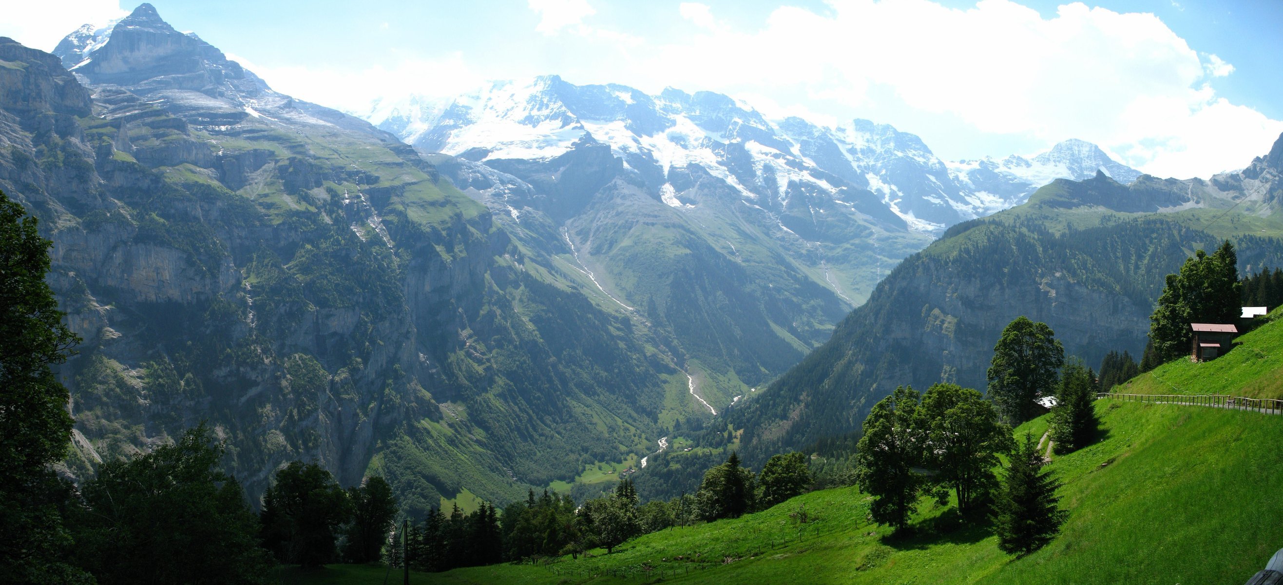 ummer mountains meadows glade grass landscape multi monitors wallpaper valley forest trees photo mountain slope house rocks peak peak snow nature