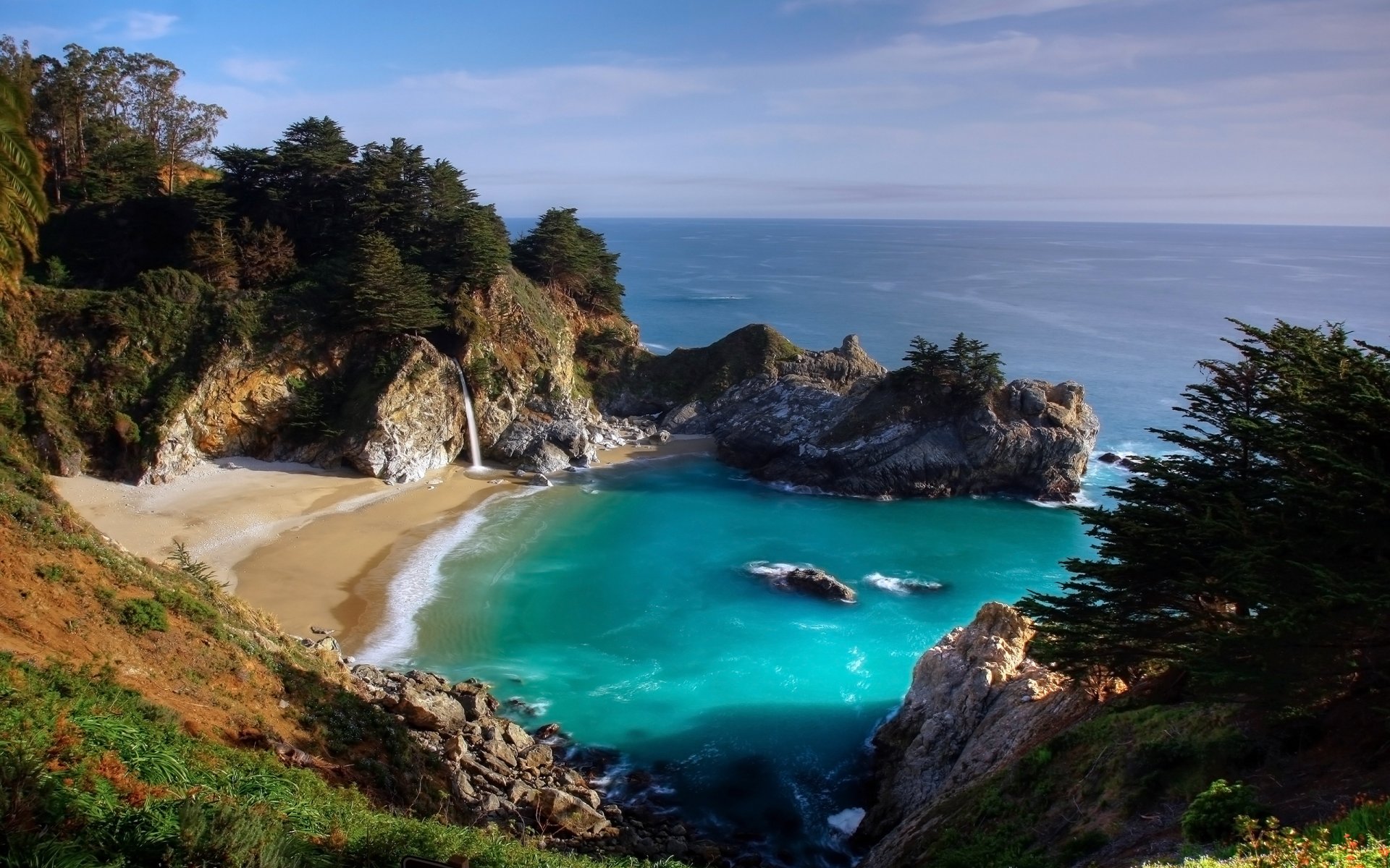 meer bucht strand felsen wasserfall