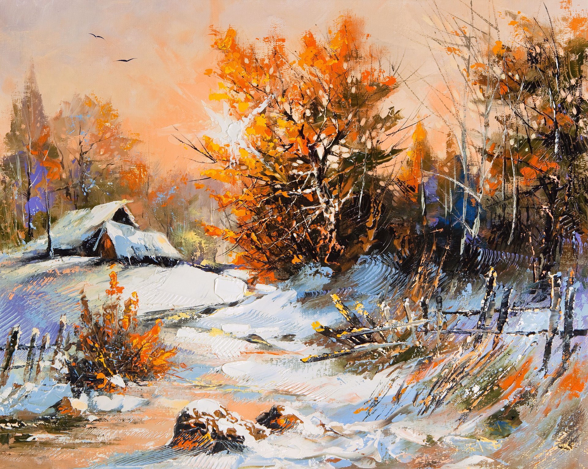 perfecto escena de invierno paisaje casas pueblo nieve invierno árboles follaje naranja pintura pinturas