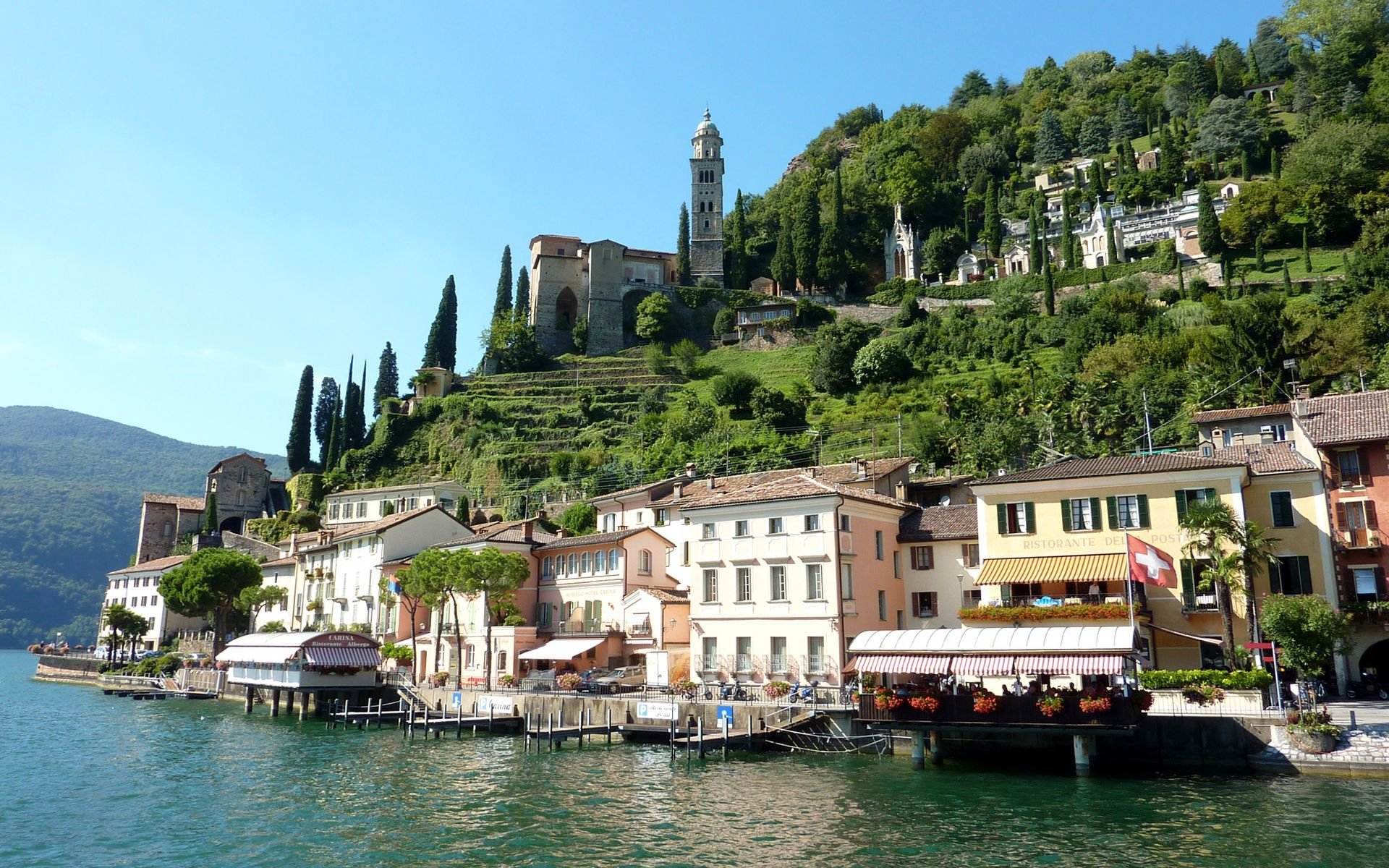 witzerland tree wharf lake buildings house