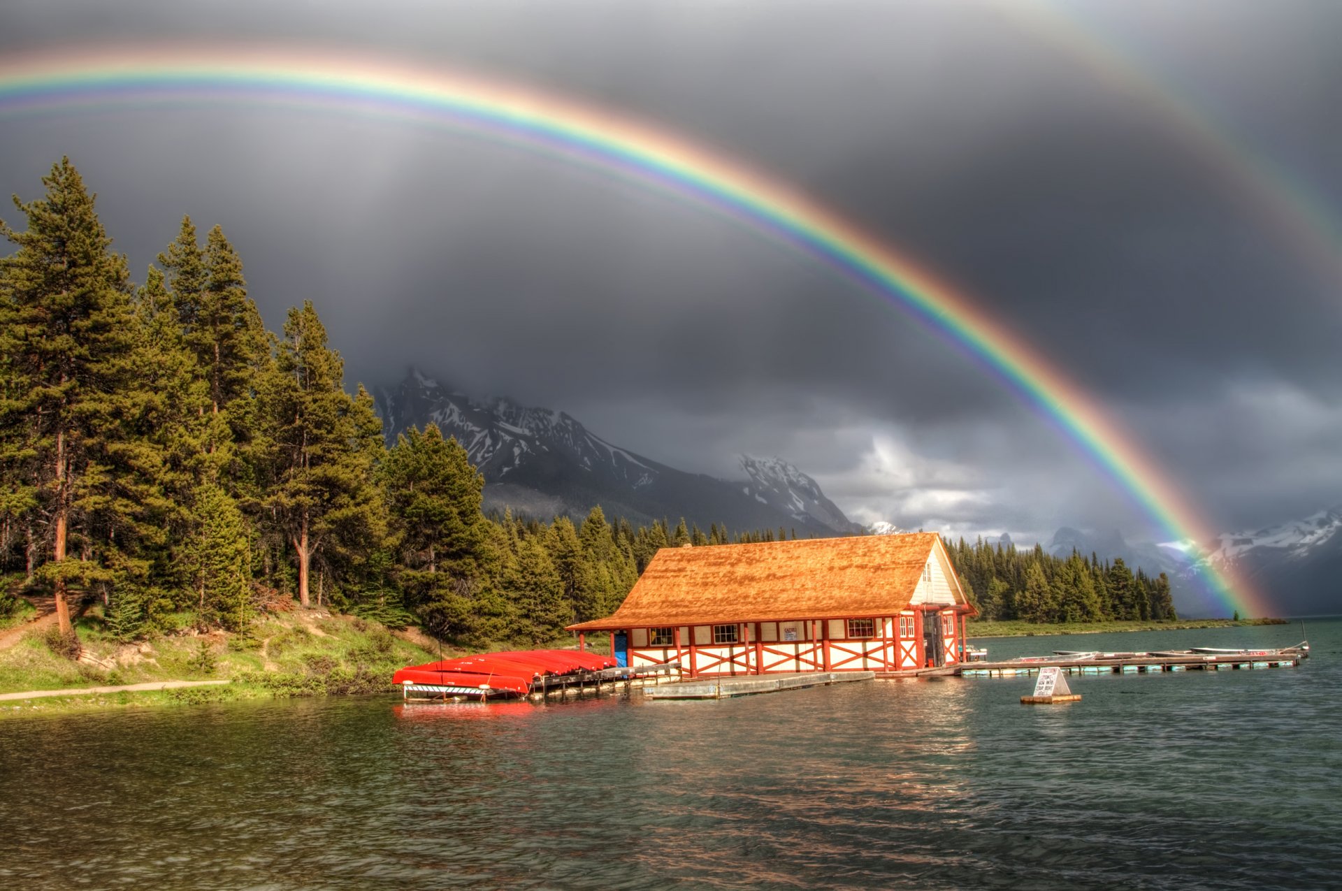 forest river mountain rainbow wharf house