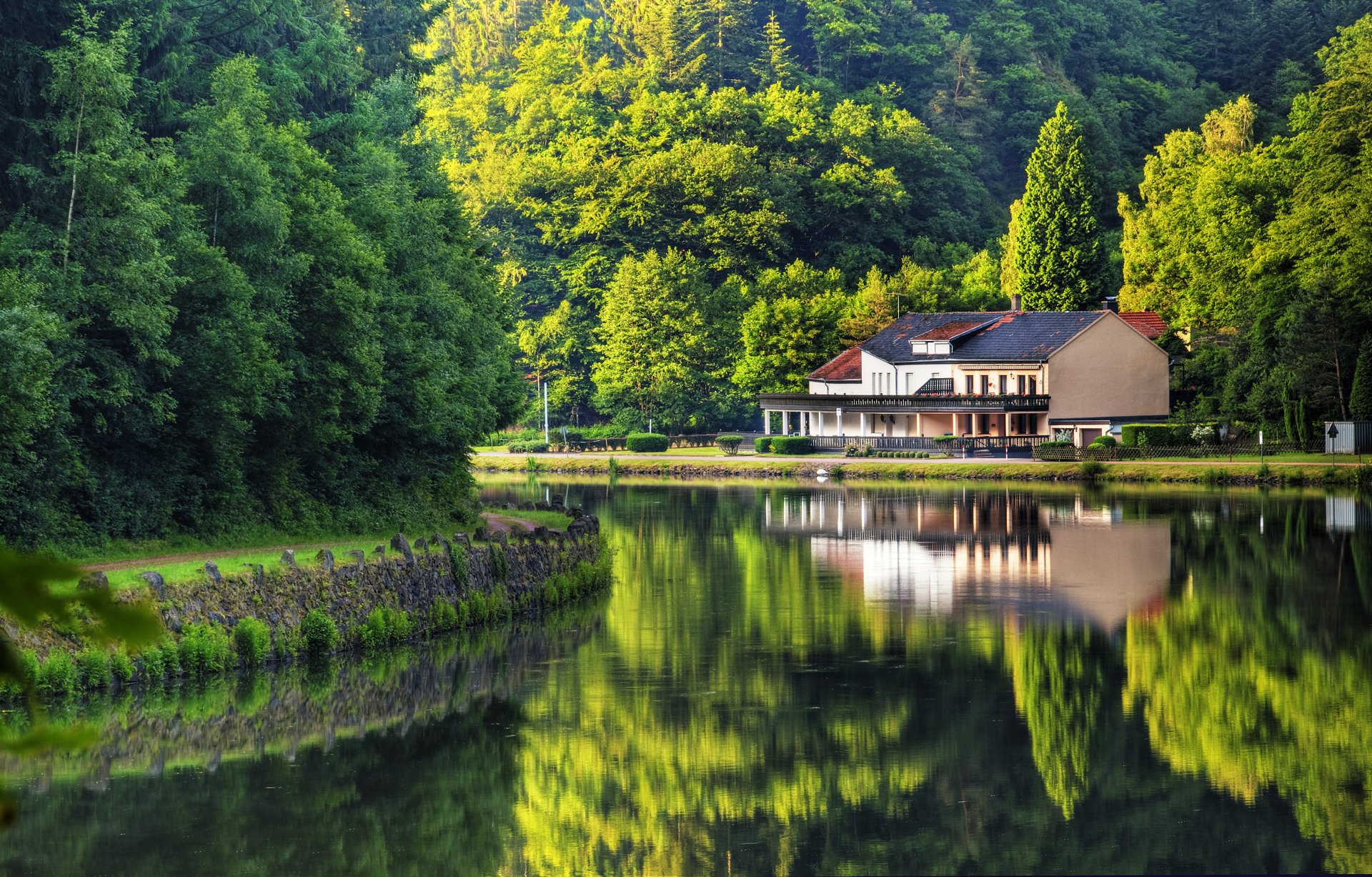 germany river reflection nature tree house summer