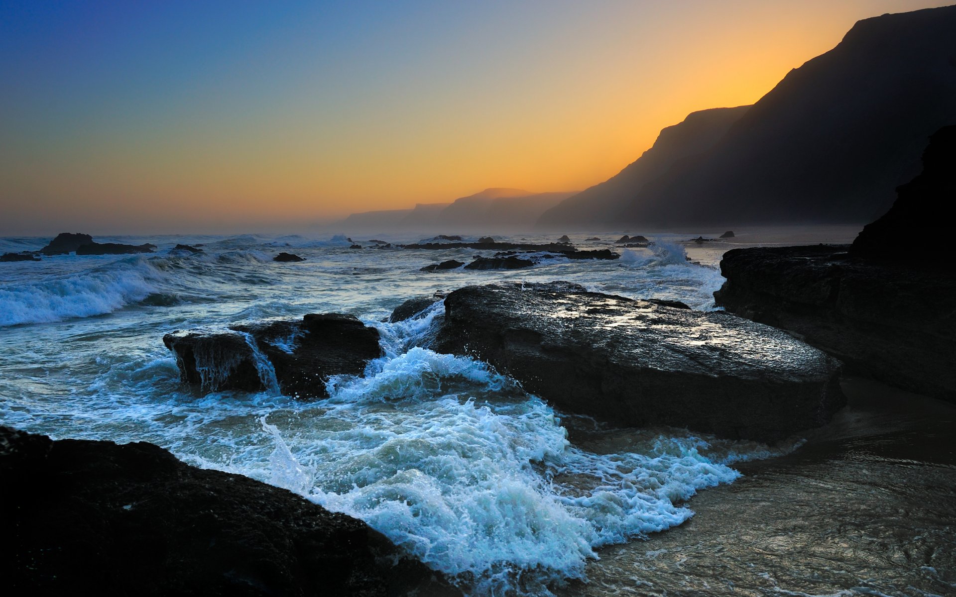 evening landscapes nature sea water ocean wave waves foam spray drop drops stone stones rock rocks coast coast beaches mountain mountains sky sunset